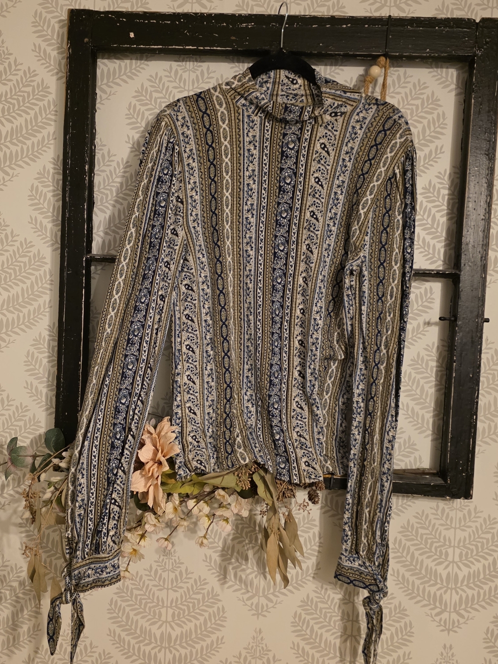 Free People Paisley Stripe Tie-Cuff Button-Down Shirt - Blue & Cream